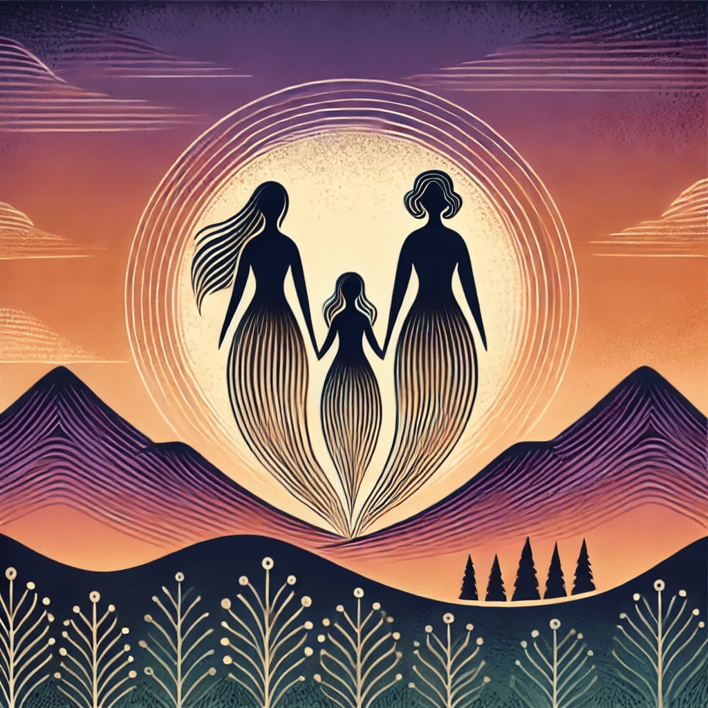 Silhouettes of three generations of women standing together